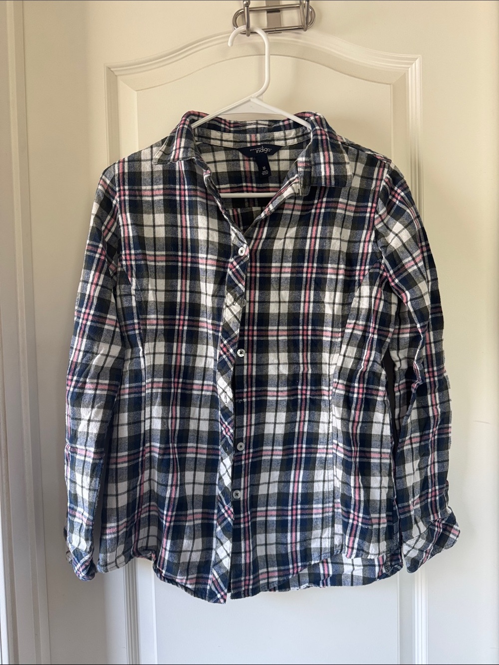 Indigo Plaid Button-Down Shirt in Black, White & Navy with Red Accents / R15